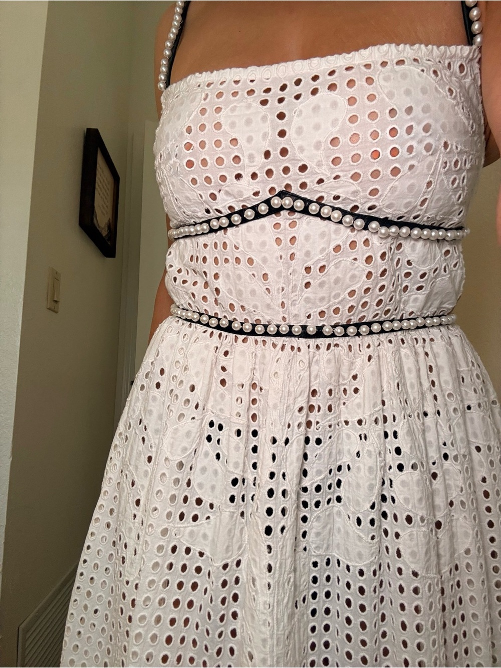 Dylan Lex White Eyelet Pearl-Trim Strap Sundress